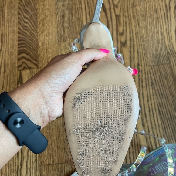 Schutz Pietra Faux Pearl-Embellished Iridescent Vinyl Sandals Size 11 - Picture 9 of 13